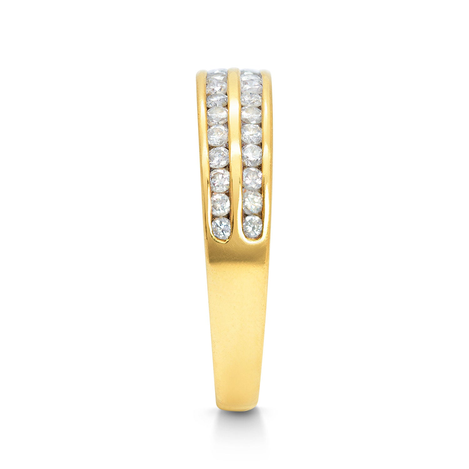 Reclaimed Vintage commitment ring with two antique Victorian eternity rings soldered together - 18ct gold and channel-set diamonds, side view 2