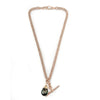 Unique pendant, crafted from recycled rose gold chain, an upcycled repurposed antique Victorian T-bar clasp and an eco-friendly black Tahitian pearl in a 'drop' setting embellished with reclaimed broken diamonds, secondary view
