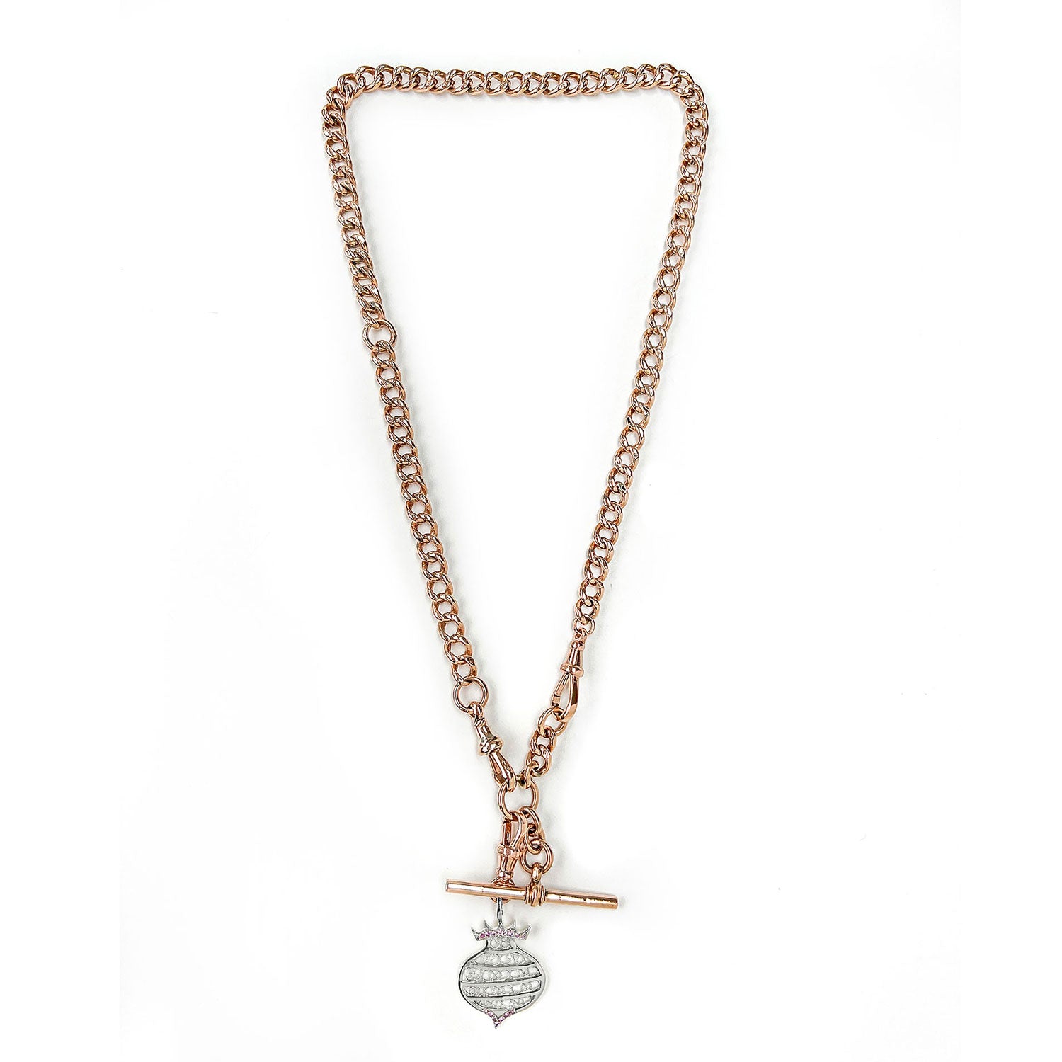 Unique necklace crafted using sustainable recycled rose gold, a repurposed antique Victorian T-bar clasp and a one-off hand-crafted filigree charm depicting a beehive, secondary view