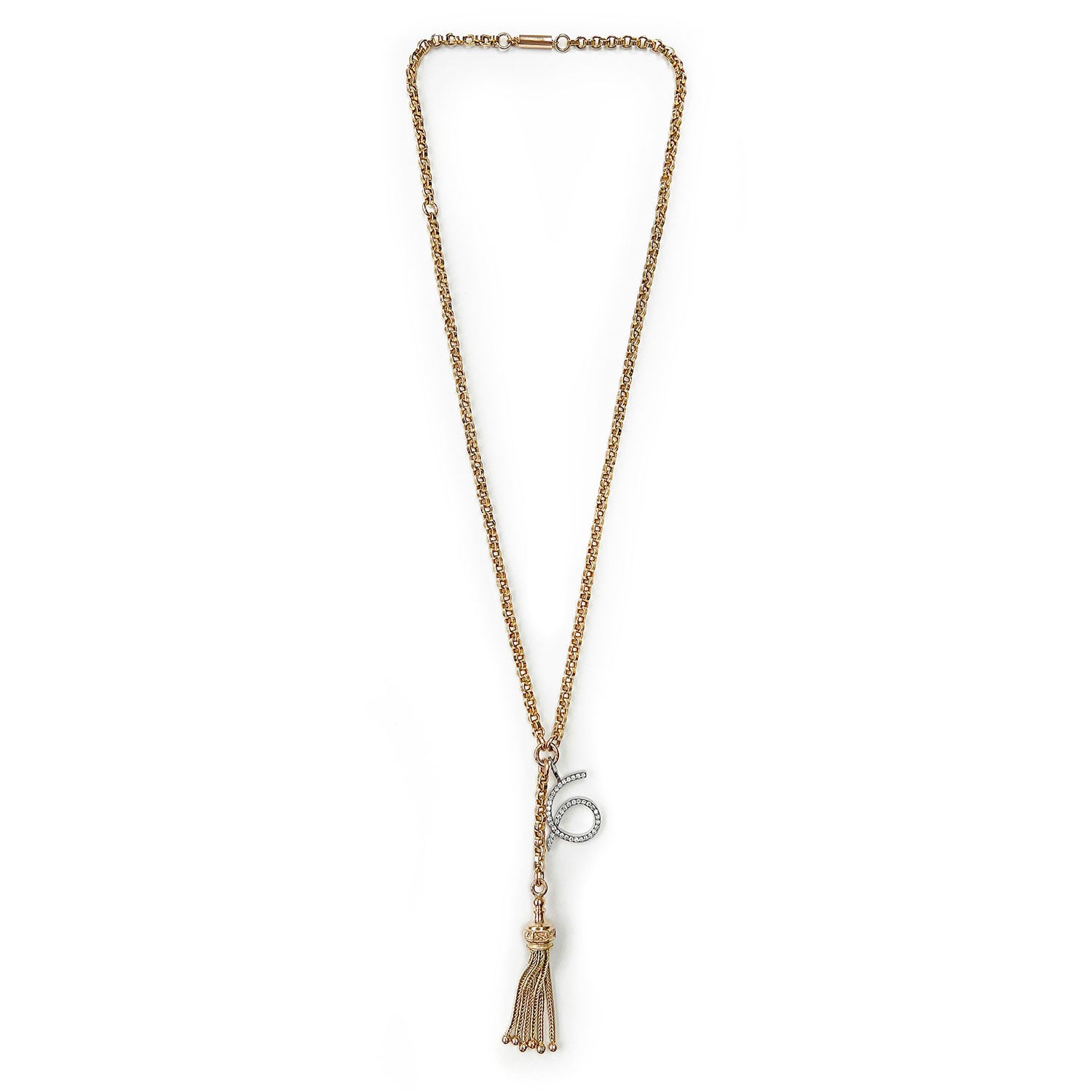 Reclaimed Vintage unique necklace with antique Victorian 9ct gold tassel pendant, 9ct recycled gold chain and a new numerology pendant crafted in recycled gold and conflict-free diamonds, full chain view
