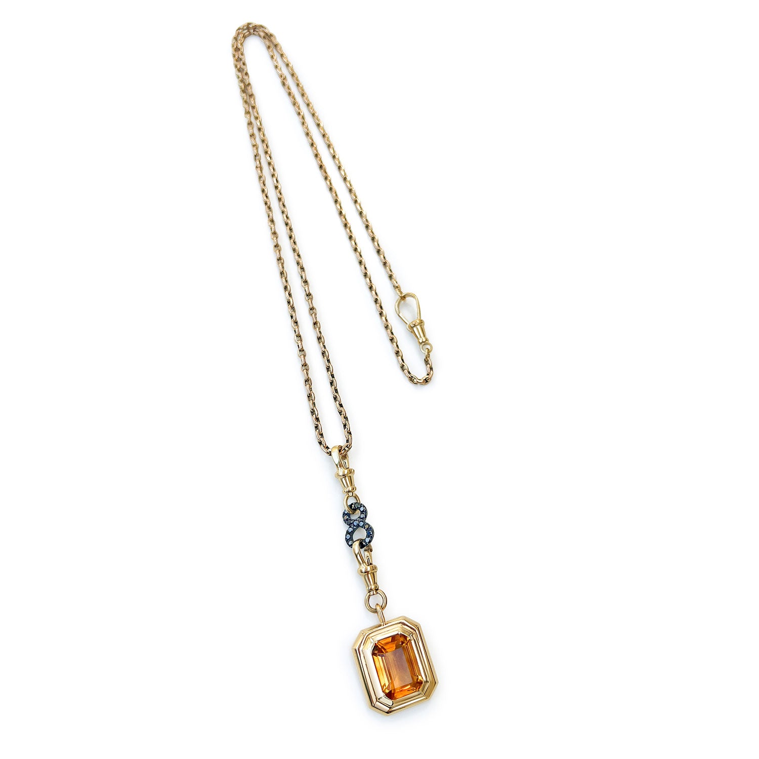 Reclaimed Vintage necklace with Brazilian quartz, recycled antique Victorian gold chain and connectors, and a black diamond figure-of-eight connector - full chain view