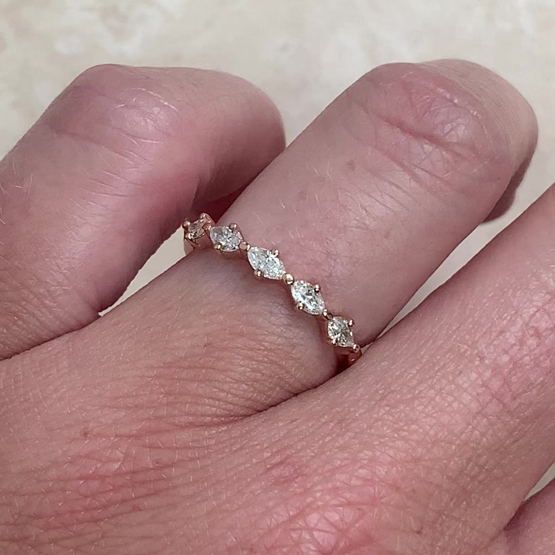 Bespoke 18ct recycled rose gold slim wedding band, claw-set with five inherited marquise diamonds and hand-engraved with scrolls, on hand, video