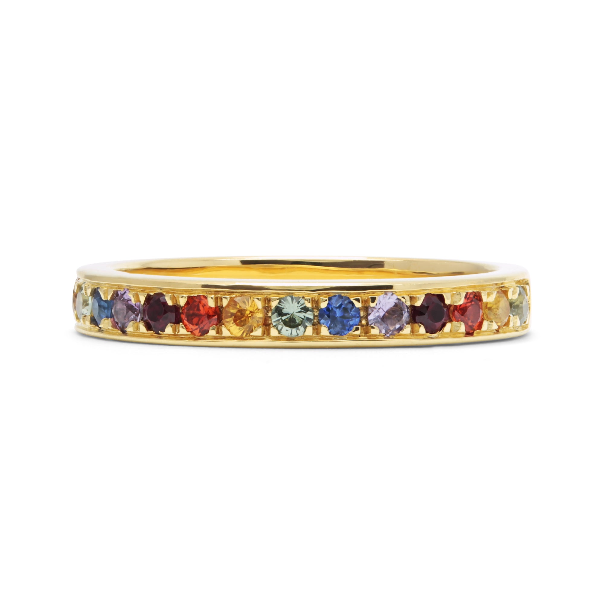 Freedom Ethical Gold Wedding Commitment Ring, 18ct recycled yellow gold and a rainbow of traceable, conflict-free Sri Lankan sapphires