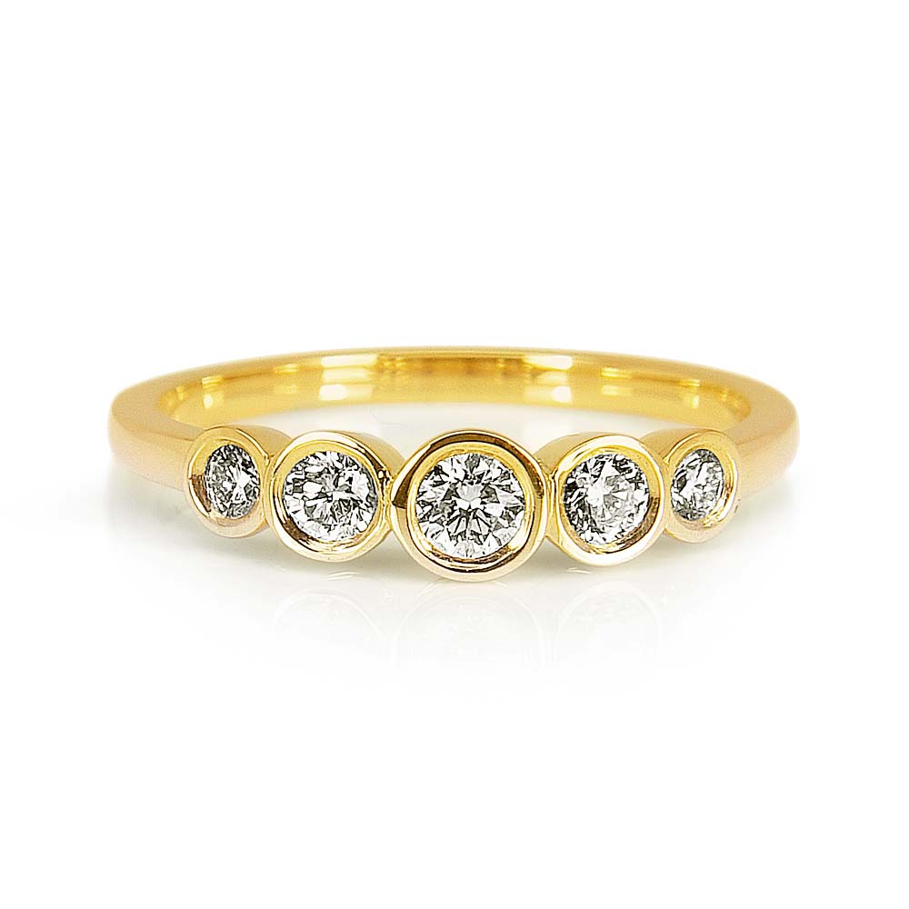 Amy B bespoke engagement ring - 100% recycled yellow gold and 5 conflict-free diamonds in rub-over settings