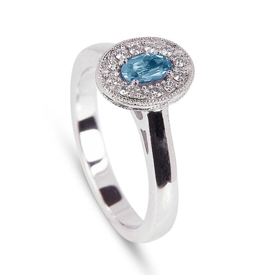 Bespoke Jenna engagement ring - 100% recycled platinum, oval aquamarine and conflict-free diamond halo 2