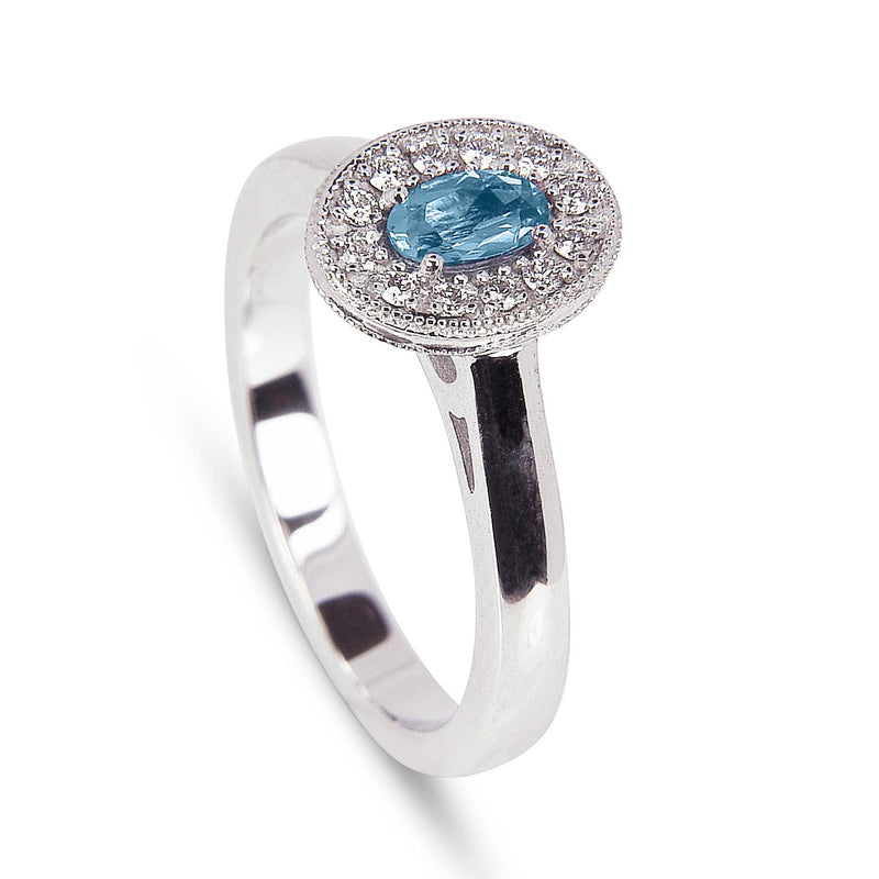 Bespoke Jenna engagement ring - 100% recycled platinum, oval aquamarine and conflict-free diamond halo