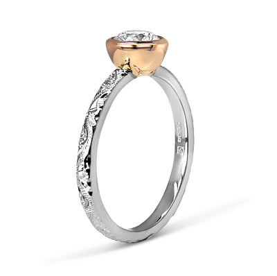 Bespoke Max and Gemma engagement ring - white and rose Fairtrade Gold, hand-engraved Scrolls and a Canadian diamond