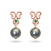 Bespoke drop earrings with black Tahitian pearls, ethical green emeralds and rose gold