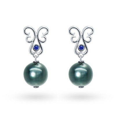Bespoke earrings with Tahitian peacock pearls, ethical sapphires and ethical white gold
