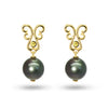 Bespoke drop earrings with black Tahitian pearls, ethical yellow diamonds and yellow gold