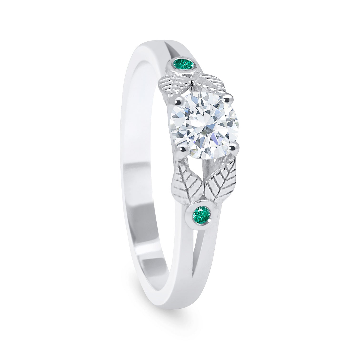 Bespoke Rob engagement ring - white Fairmined Ecological Gold, Canadamark diamond, fair-traded emeralds and nature-inspired engravings