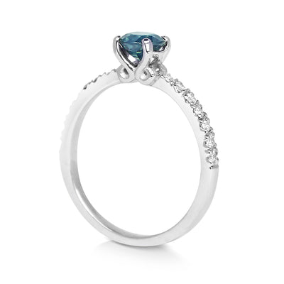 Bespoke engagement ring - teal Malawi sapphire, 100% recycled platinum and microset conflict-free diamonds