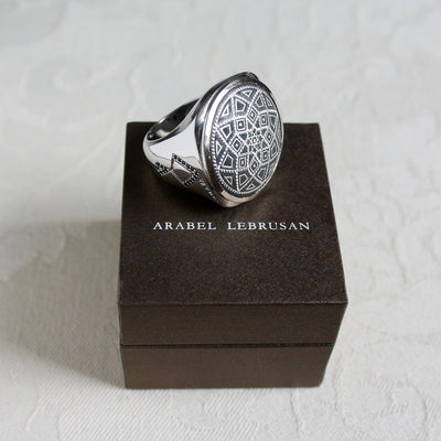 Bespoke Damascene white gold and ethical sapphire ring