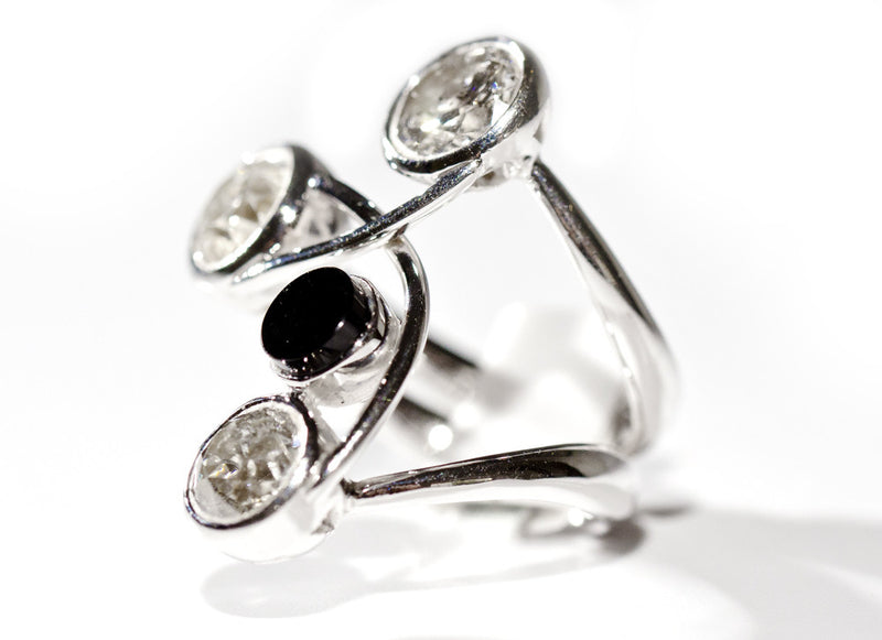 Bespoke cocktail ring - recycled rose-cut diamonds, 18ct recycled white gold and black onyx