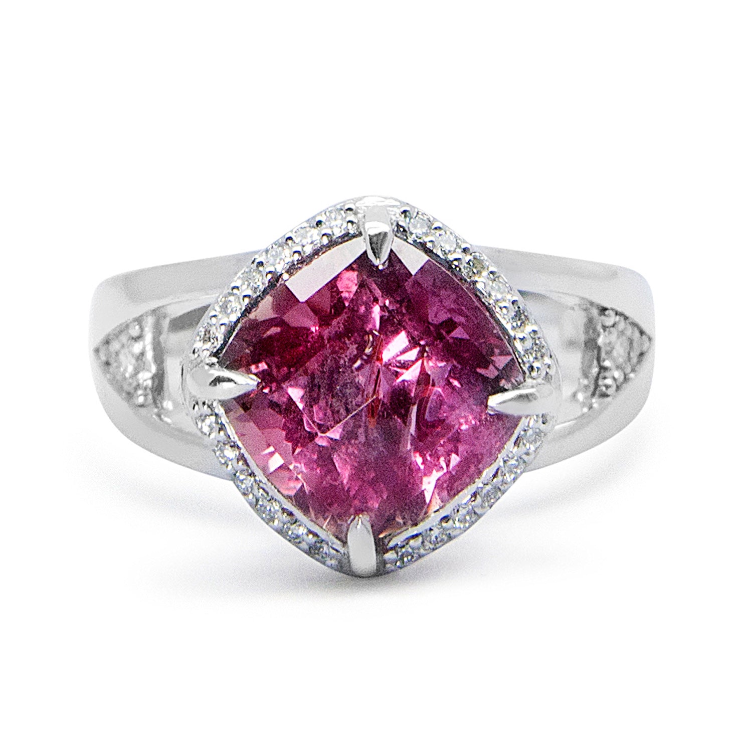 Bespoke Estelle cocktail ring - 18ct white Fairtrade Gold, client's own ethically-sourced pink sapphire and conflict-free diamonds