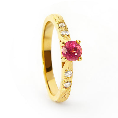 Bespoke Katy engagement ring - ruby Athena with diamond-set shoulders