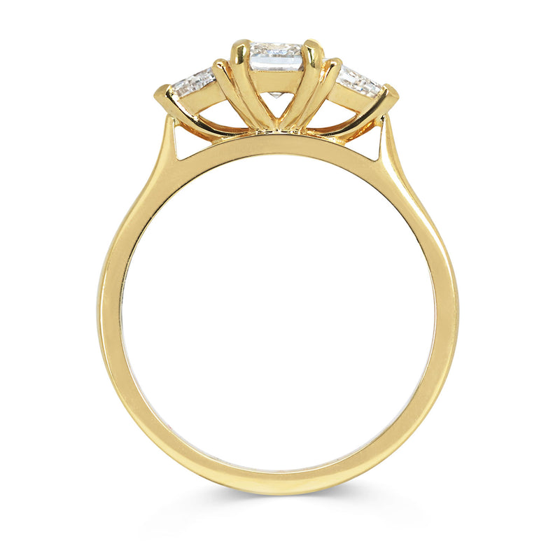 Bespoke Steve trilogy engagement ring, 18ct yellow Fairmined Ecological Gold, 0.7ct Canadamark emerald-cut diamond and trillion-cut artisanal Ocean Diamonds