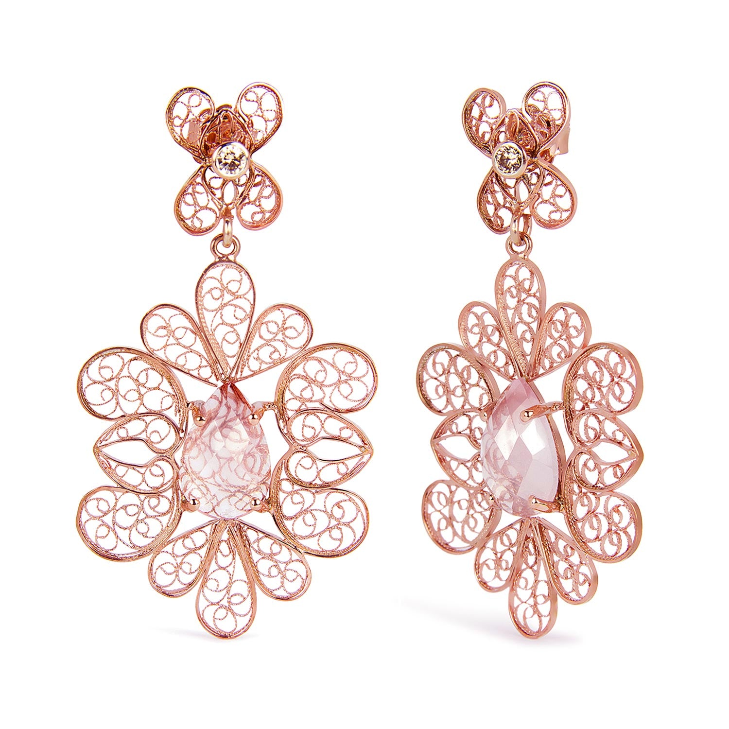 Bespoke filigree earrings - recycled silver and rose gold, conflict-free champagne diamonds and faceted rose quartz