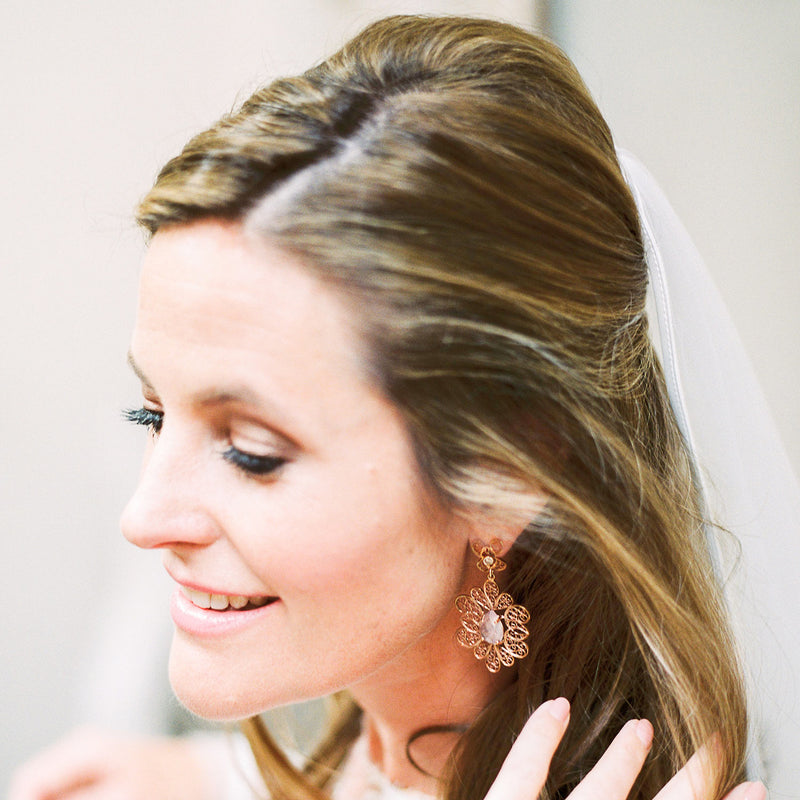 Bespoke filigree earrings - recycled silver and rose gold, conflict-free champagne diamonds and faceted rose quartz