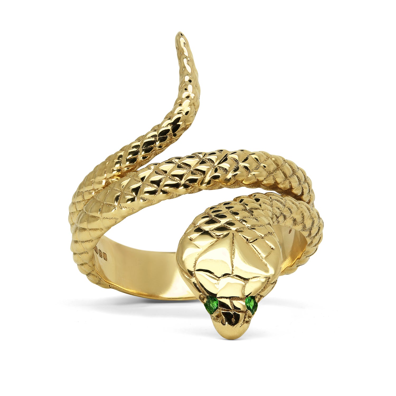 Bespoke Cobra Ring - hand-engraved 9ct recycled gold and ethical green garnets 3