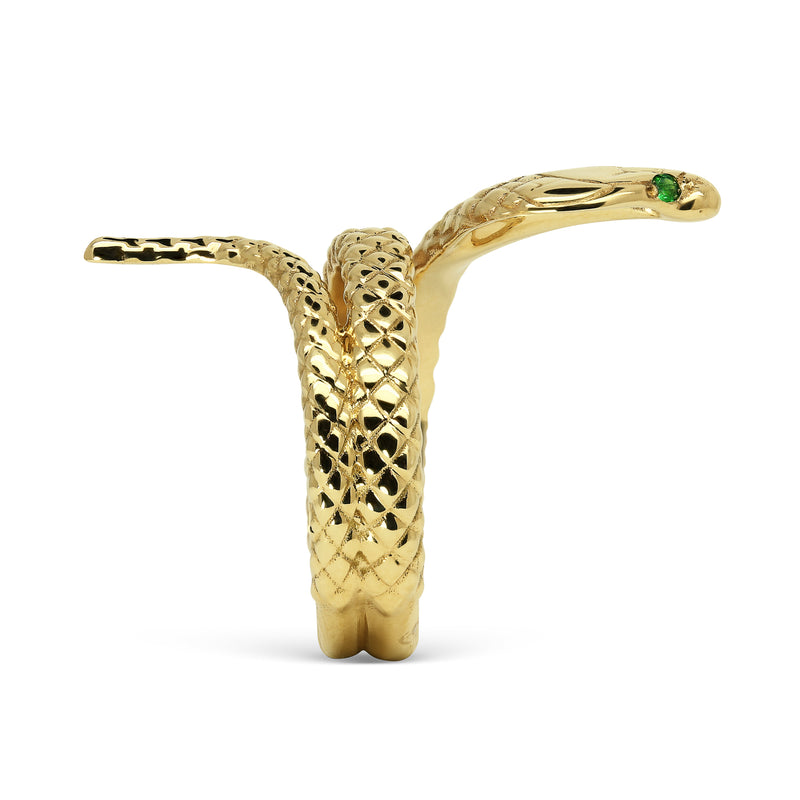 Bespoke Cobra Ring - hand-engraved 9ct recycled gold and ethical green garnets