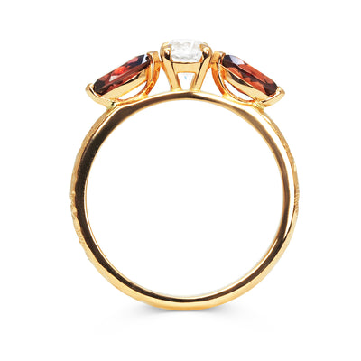 Bespoke Craig ethical trilogy engagement ring, recycled old-cut diamond, fair-traded and conflict-free marquise-cut garnets and 18ct rose Fairmined Ecological Gold front