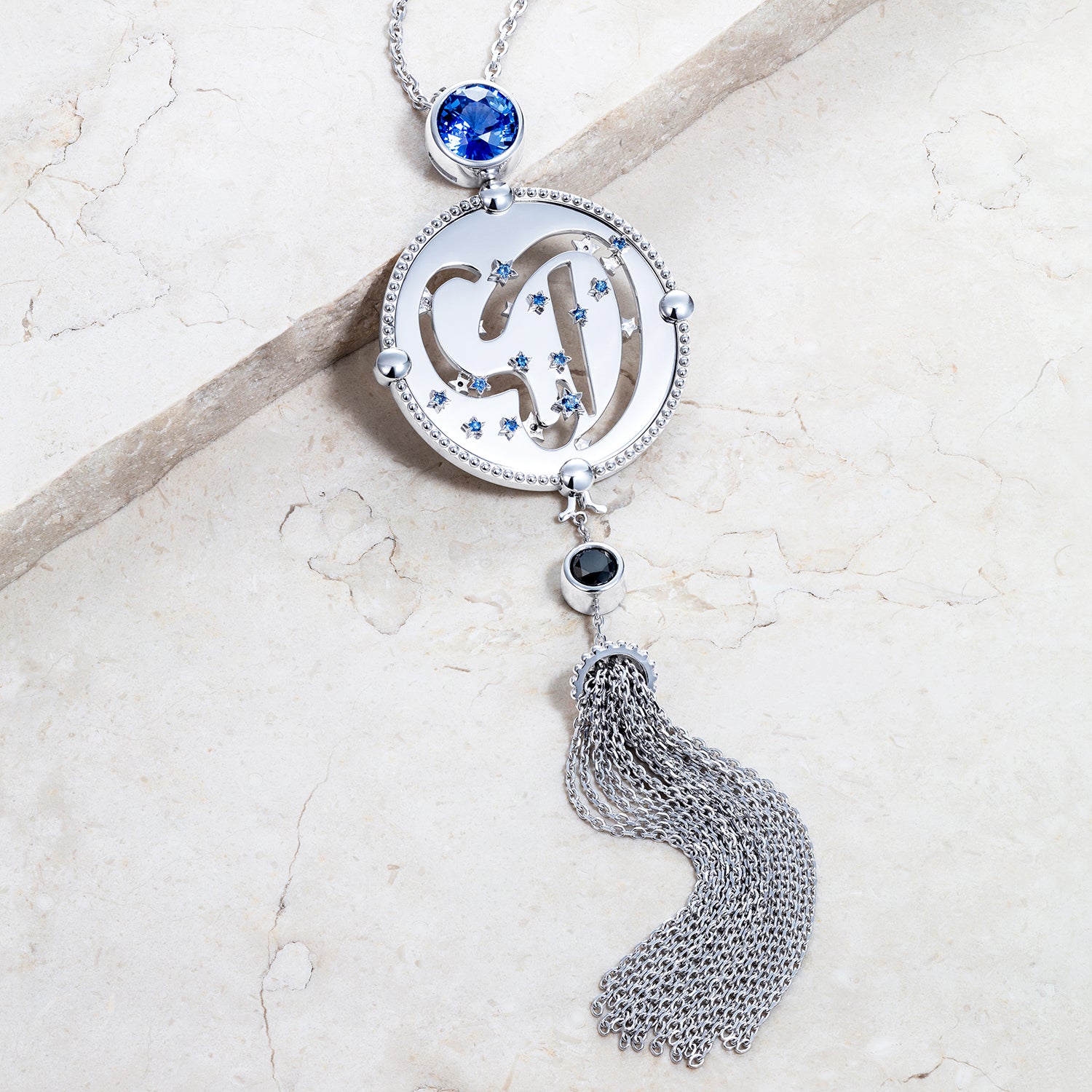 Bespoke Ev pendant, 18ct white gold, traceable Sri Lankan sapphires and conflict-free black diamonds 4