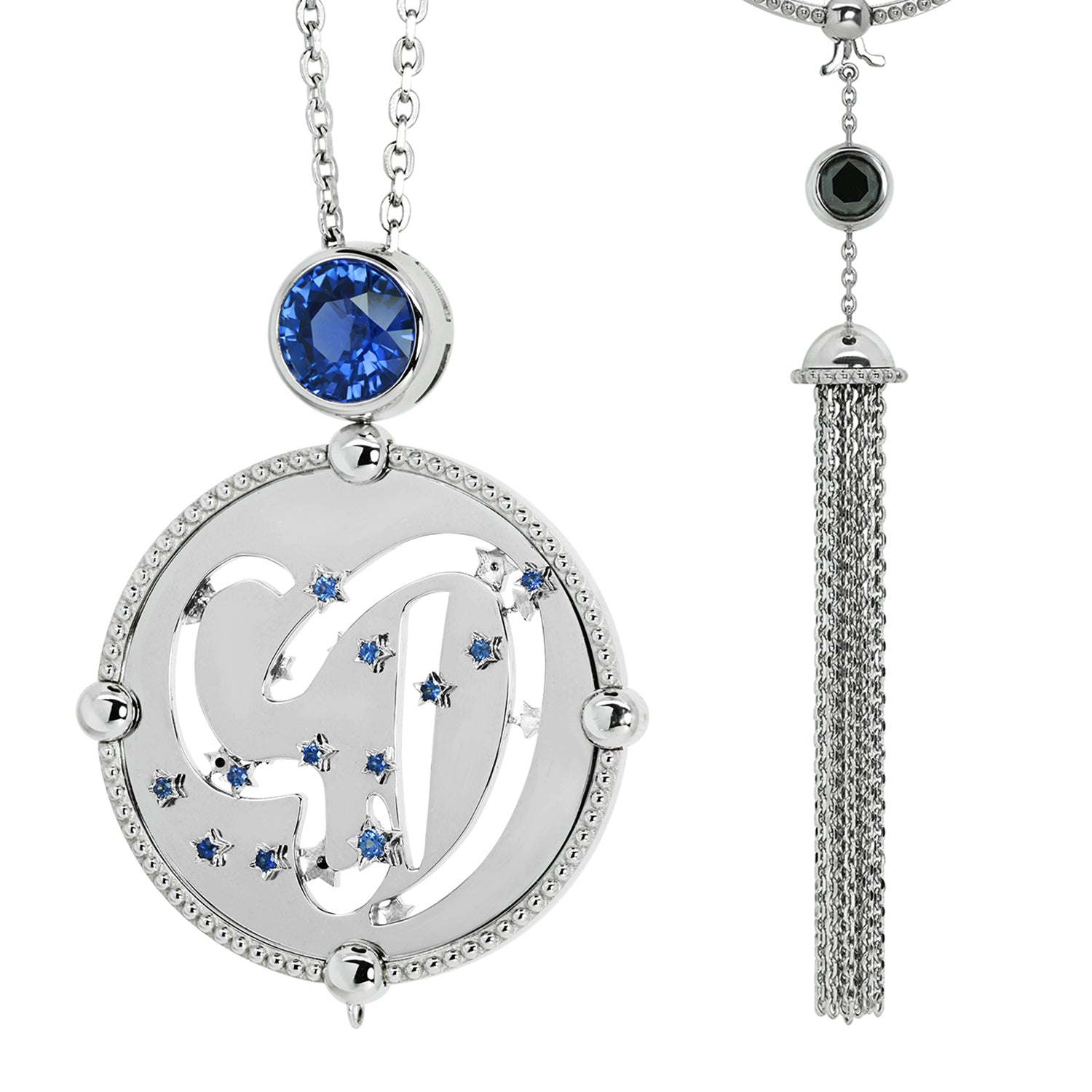 Bespoke Ev pendant, 18ct white gold, traceable Sri Lankan sapphires and conflict-free black diamonds 2