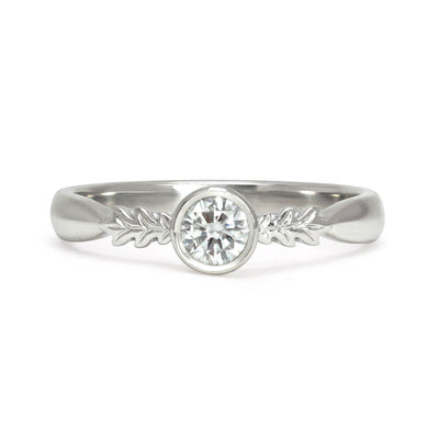 Bespoke Louise nature-inspired engagement ring, 18ct recycled white gold and 0.31ct recycled diamond