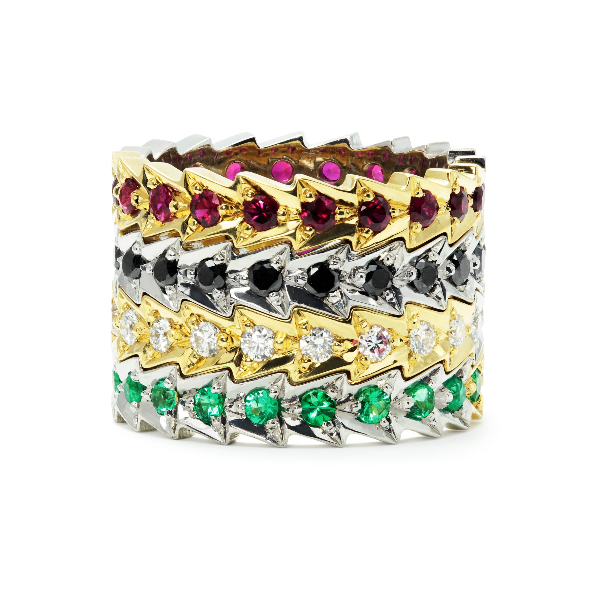 Bespoke Owen interlocking stacking rings, 18ct recycled white and yellow gold, fair-traded rubies, emeralds and conflict-free diamonds