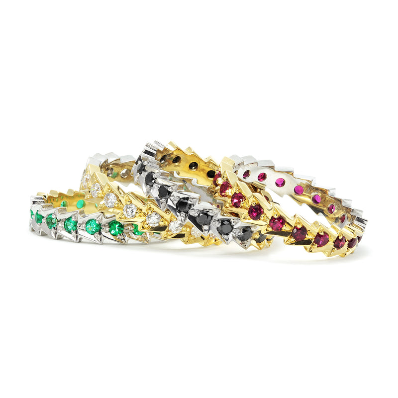 Bespoke Owen interlocking stacking rings, 18ct recycled white and yellow gold, fair-traded rubies, emeralds and conflict-free diamonds