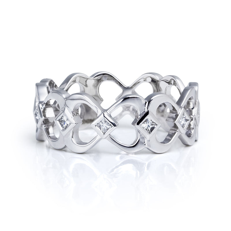 Bespoke princess wedding ring - 18ct recycled white gold, heart motifs and conflict-free princess-cut diamonds