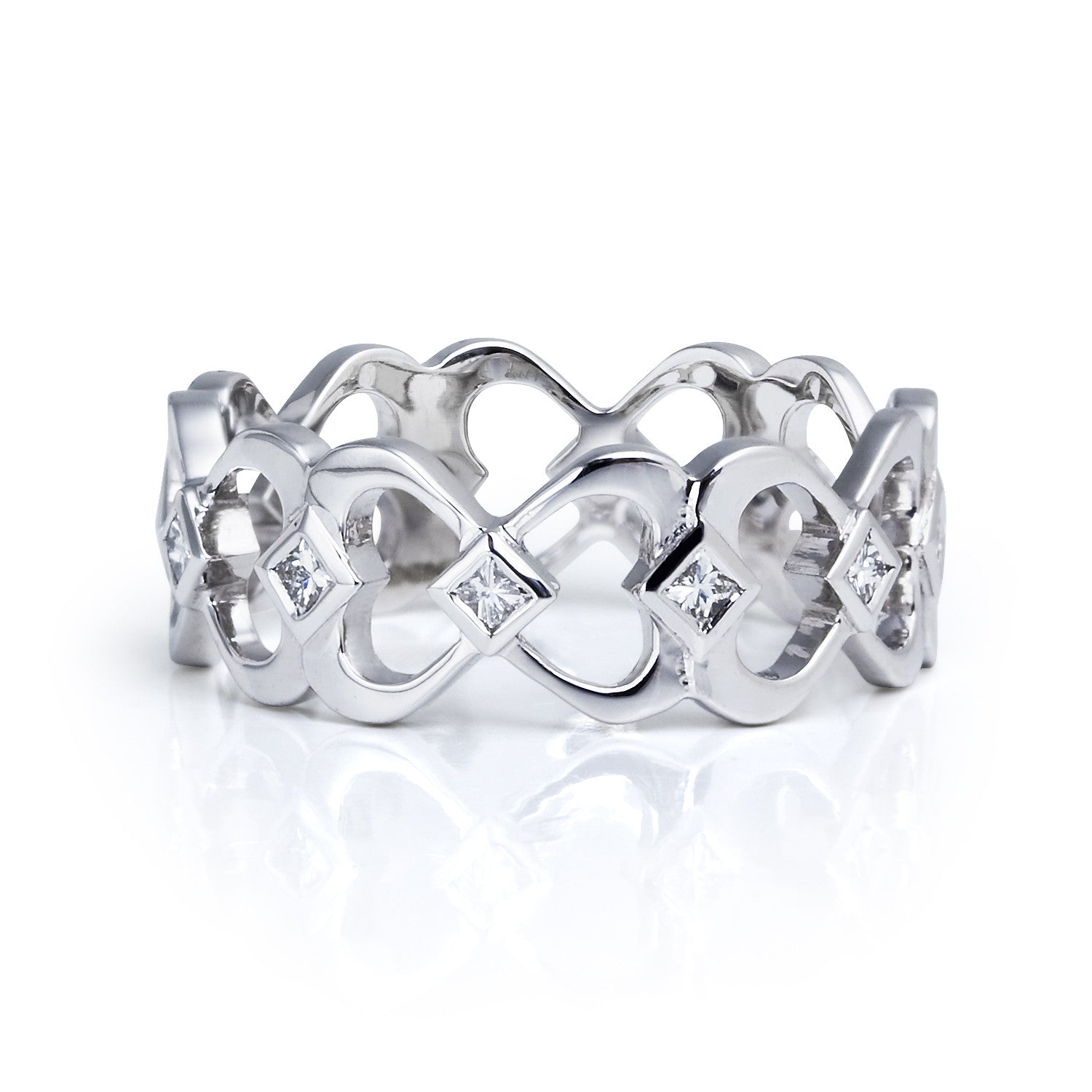 Bespoke princess wedding ring - 18ct recycled white gold, heart motifs and conflict-free princess-cut diamonds