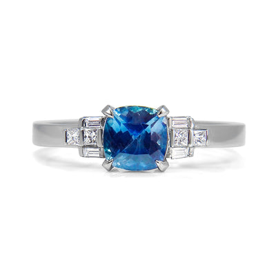 Bespoke Clare engagement ring - fair-traded sapphire, baguette-cut diamonds and 100% recycled platinum band