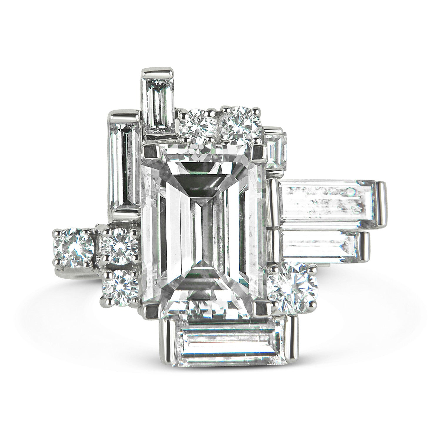 Bespoke Corene Art Deco cocktail ring - 18ct recycled white gold and recycled baguette diamonds