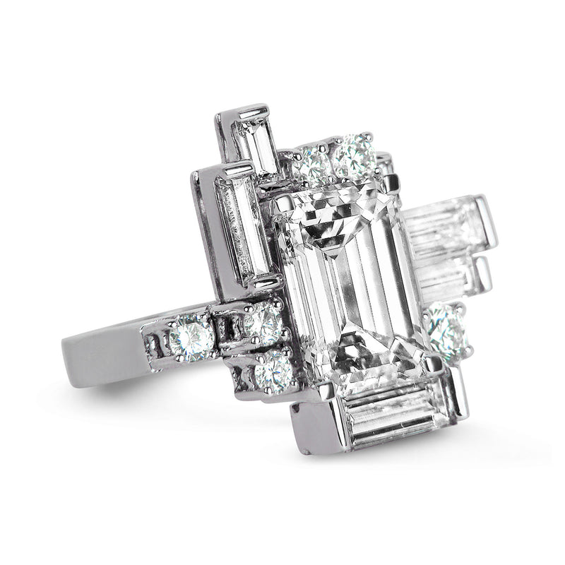 Bespoke Corene Art Deco cocktail ring - 18ct recycled white gold and recycled baguette diamonds