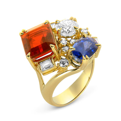 Bespoke cocktail ring - 18ct yellow gold and reclaimed coloured gemstones