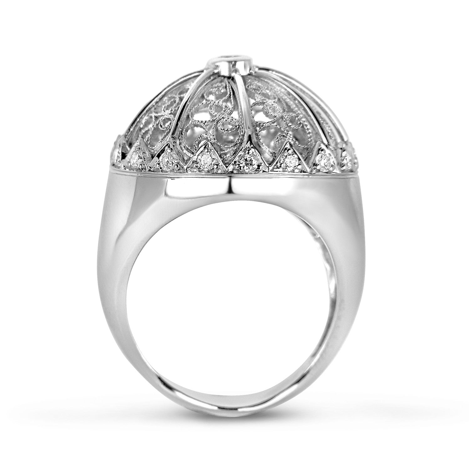 Bespoke Debbie filigree ring - 18ct recycled white gold and the client's old diamonds