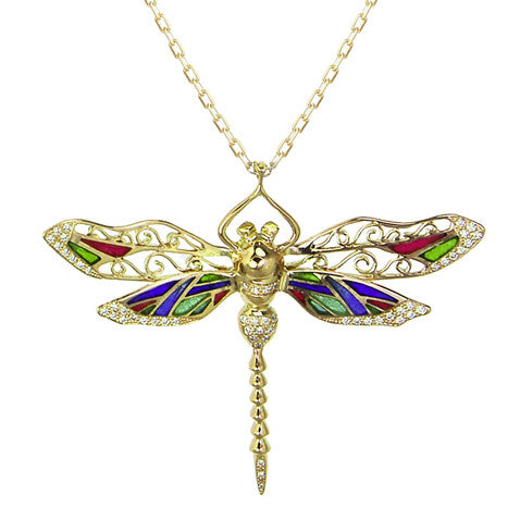 Bespoke dragonfly pendant - 18ct yellow gold, coloured enamel and conflict-free diamonds