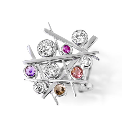 Bespoke Estefania cocktail ring - 18ct white gold, rose-cut diamonds and coloured gemstones