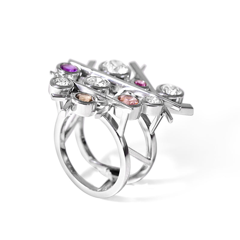 Bespoke Estefania cocktail ring - 18ct white gold, rose-cut diamonds and coloured gemstones