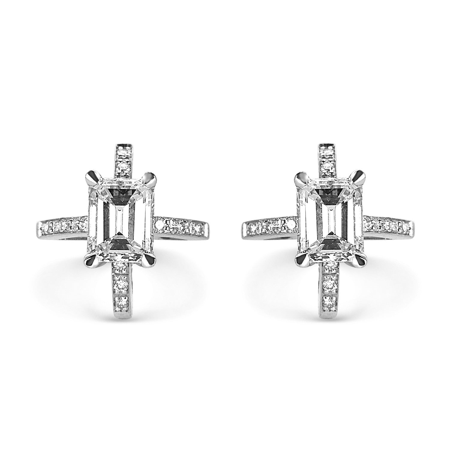 Bespoke Shairose earrings - 18ct white gold and client's own emerald-cut diamonds