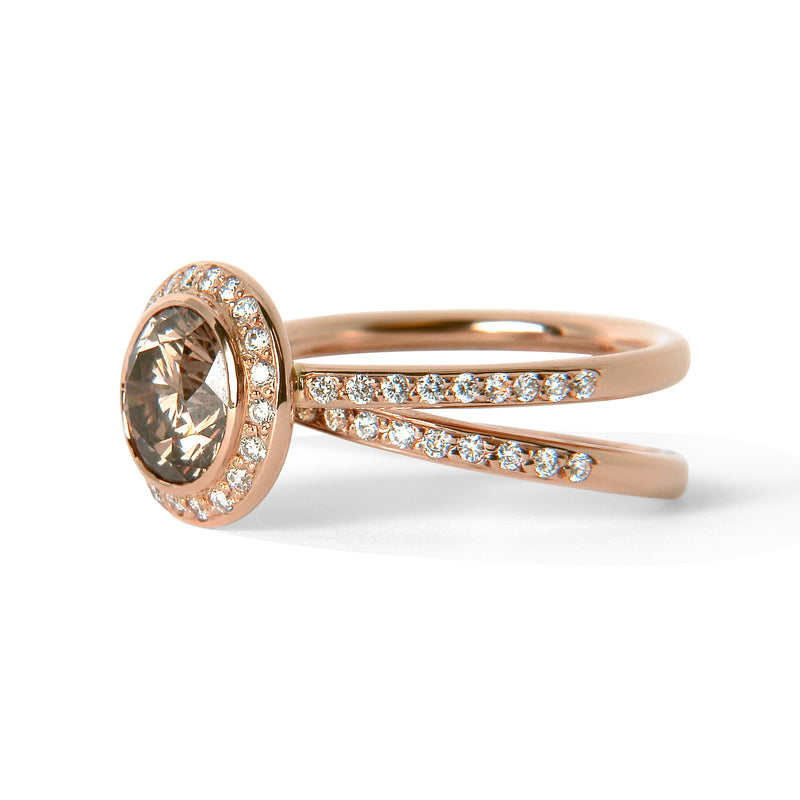 Bespoke Sigi engagement ring - recycled rose gold, conflict-free champagne diamond and conflict-free white diamonds