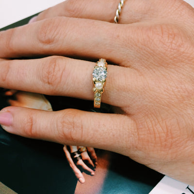 Bespoke Simon engagement ring - 18ct yellow gold, diamonds and pearls 4