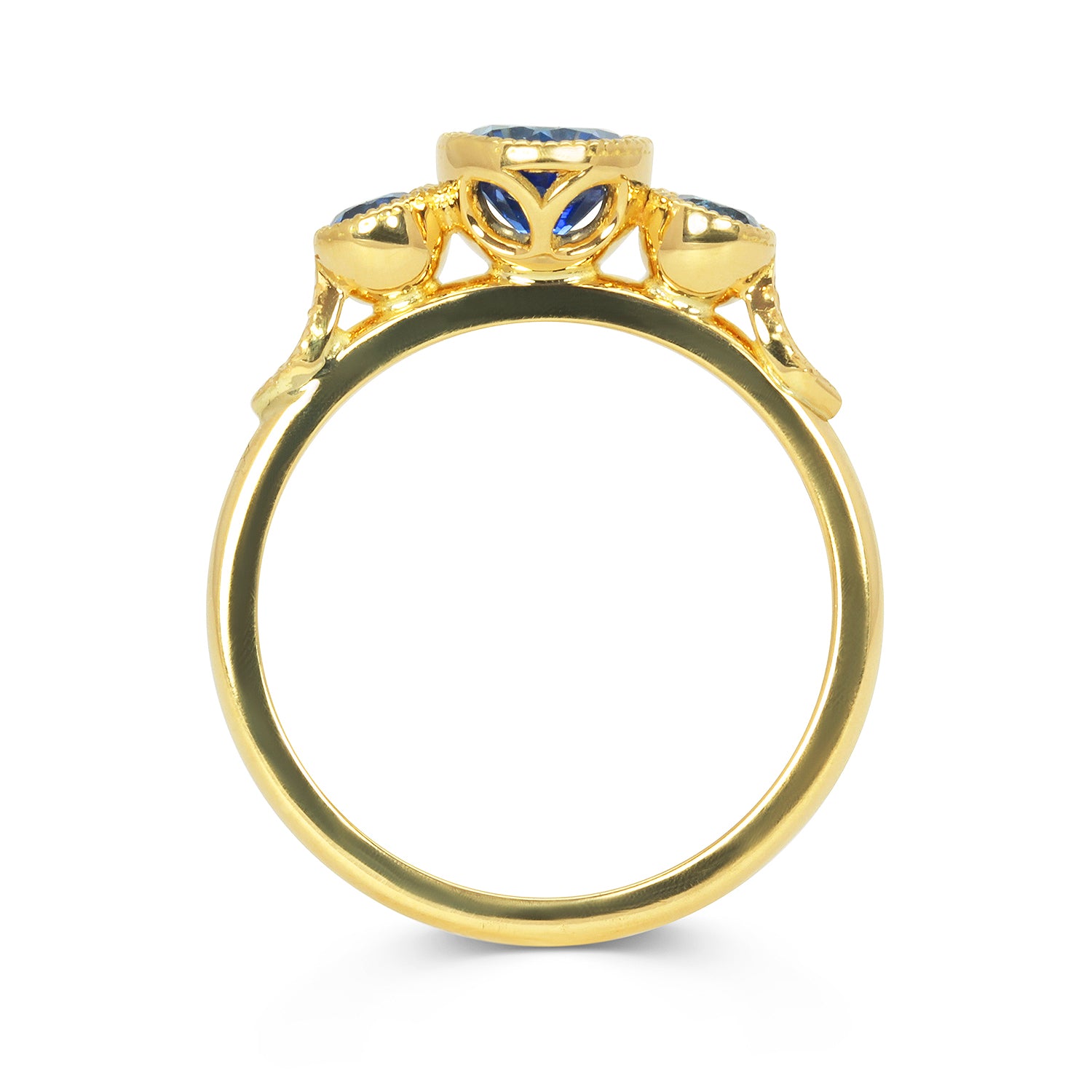 Bespoke ethical sapphire trilogy engagement ring, 18ct recycled yellow gold and traceable Sri Lankan sapphires front