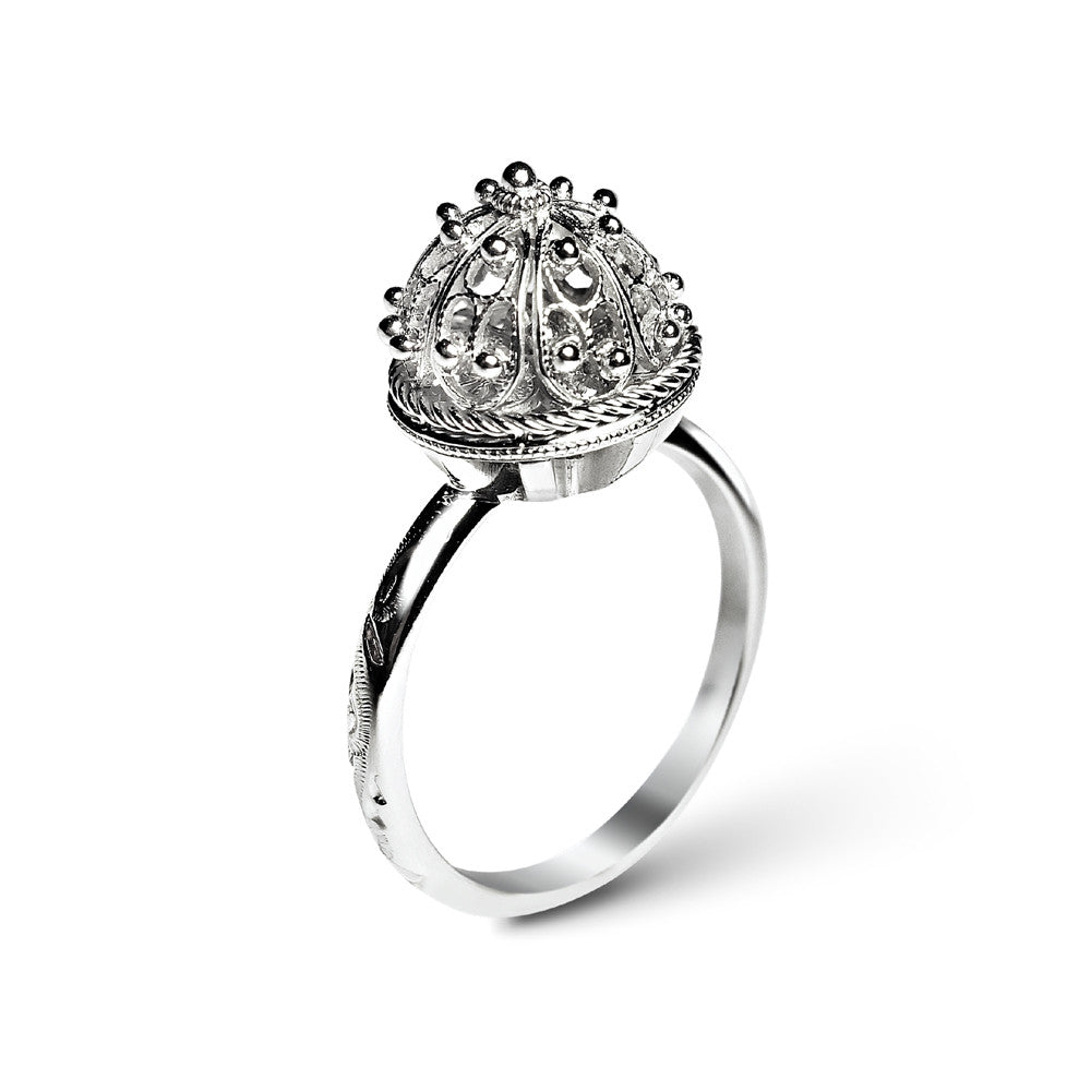 Bespoke Alexandra Engagement Ring - recycled white gold and hand-made filigree cabochon
