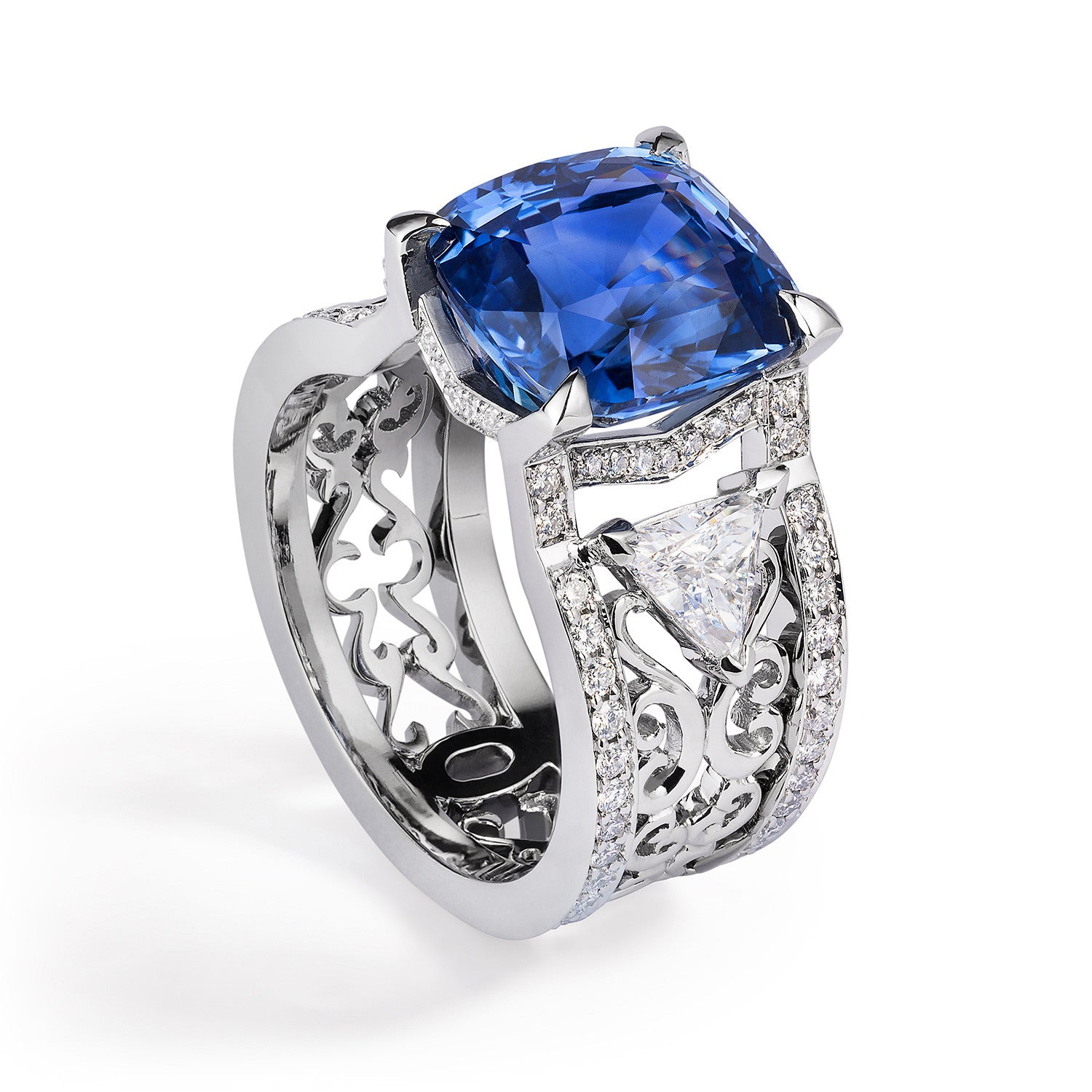 Bespoke Damir engagement ring - 100% recycled platinum, 7ct sapphire, conflict-free diamonds and filigree 