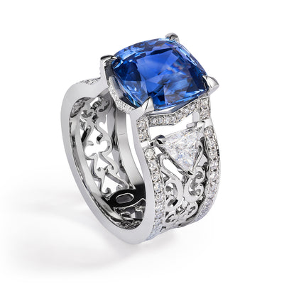 Bespoke Damir engagement ring - 100% recycled platinum, 7ct sapphire, conflict-free diamonds and filigree