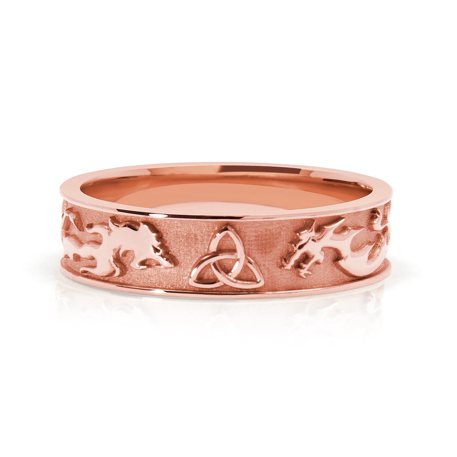 Bespoke Wedding Ring - Fairtrade rose gold with lion, dragon and Celtic Trinity Knot engraving
