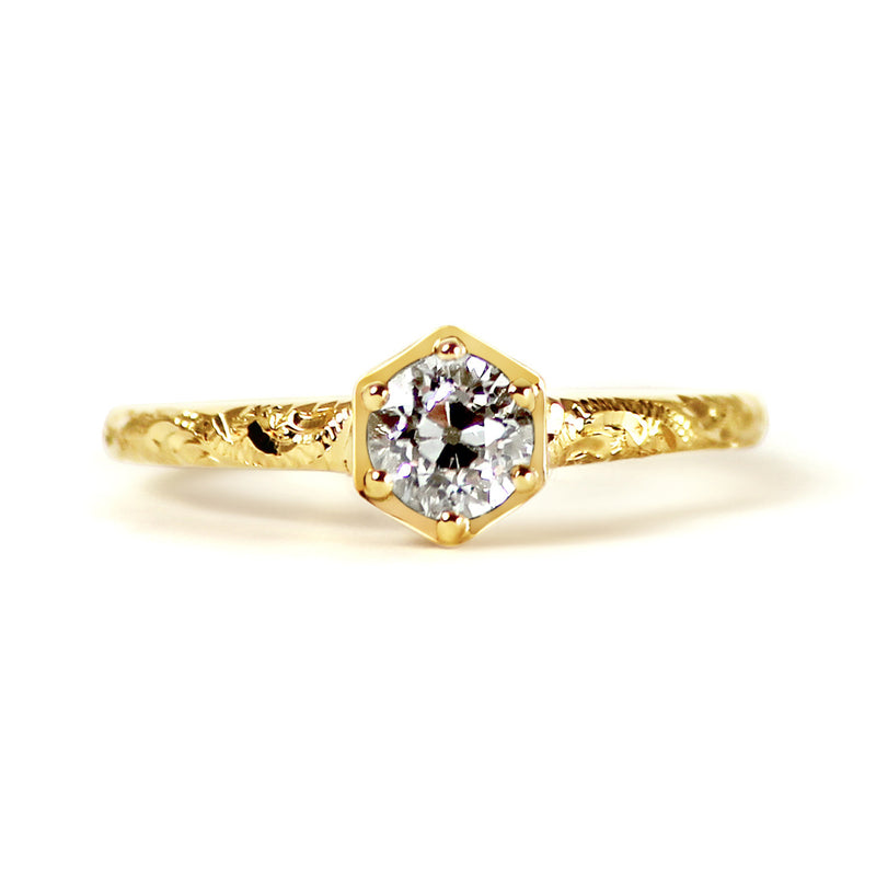 Bespoke Ed engagement ring - Fairtrade yellow gold, Canadian diamond and scroll engraving